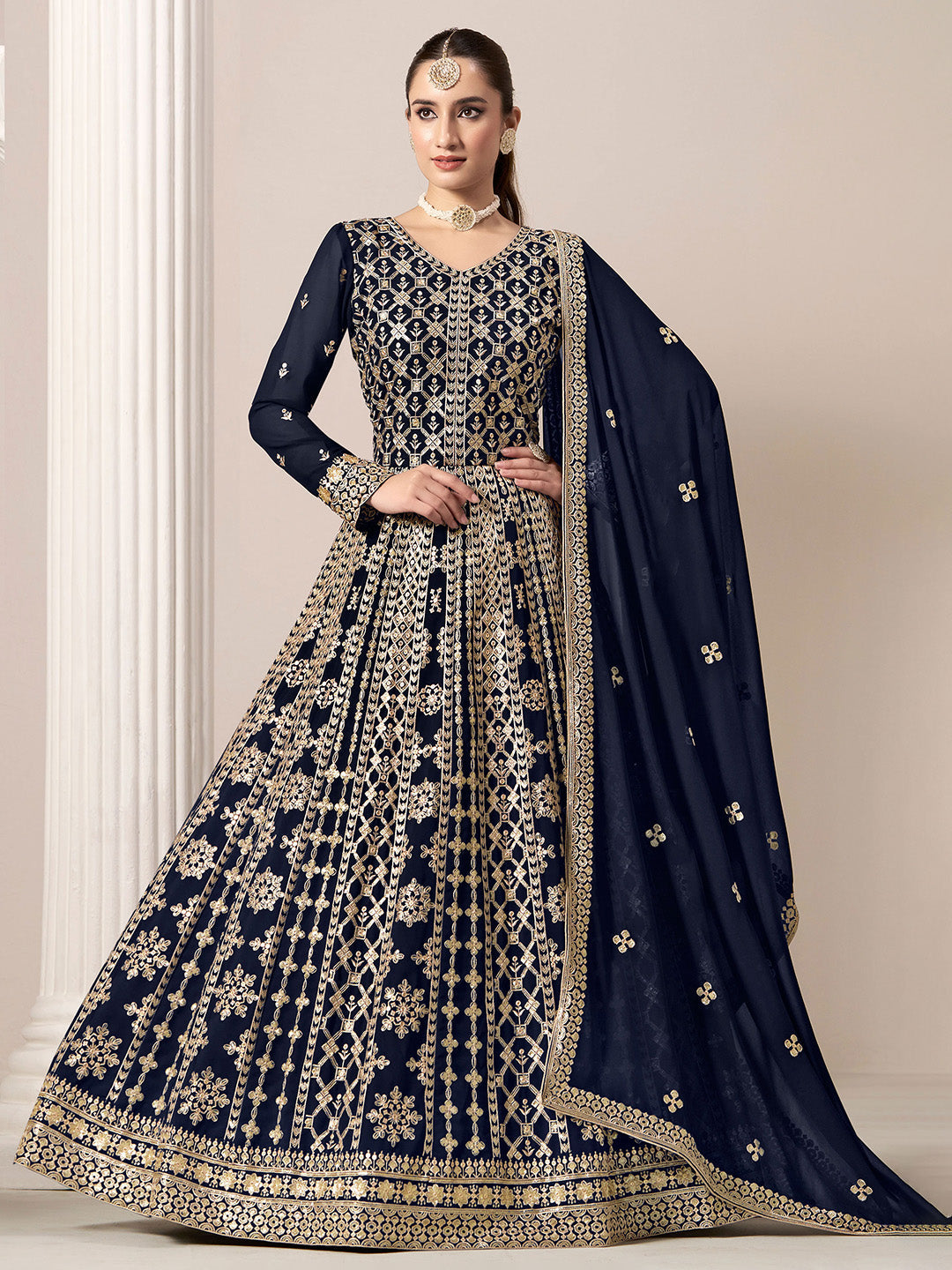 Embroidered Georgette Semi Stitched Kurta With Salwar &amp; Dupatta