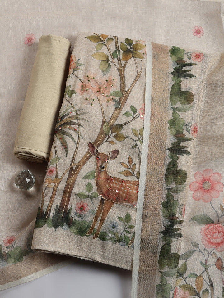Printed, Linen Blend Unstitched Suit With Pant &amp; Dupatta