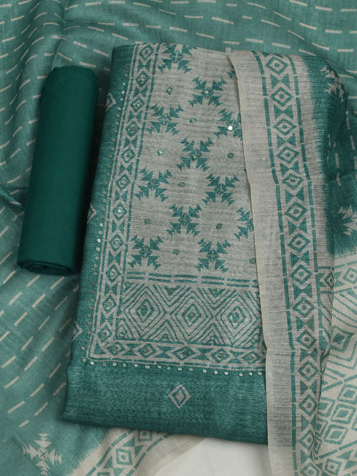 Printed Chanderi Unstitched Suit With Pant &amp; Dupatta