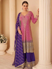 Embroidered Georgette Kurta With Gharara & Dupatta