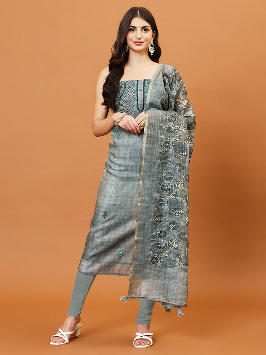 Kantha Work Chanderi Unstitched Suit With Dupatta