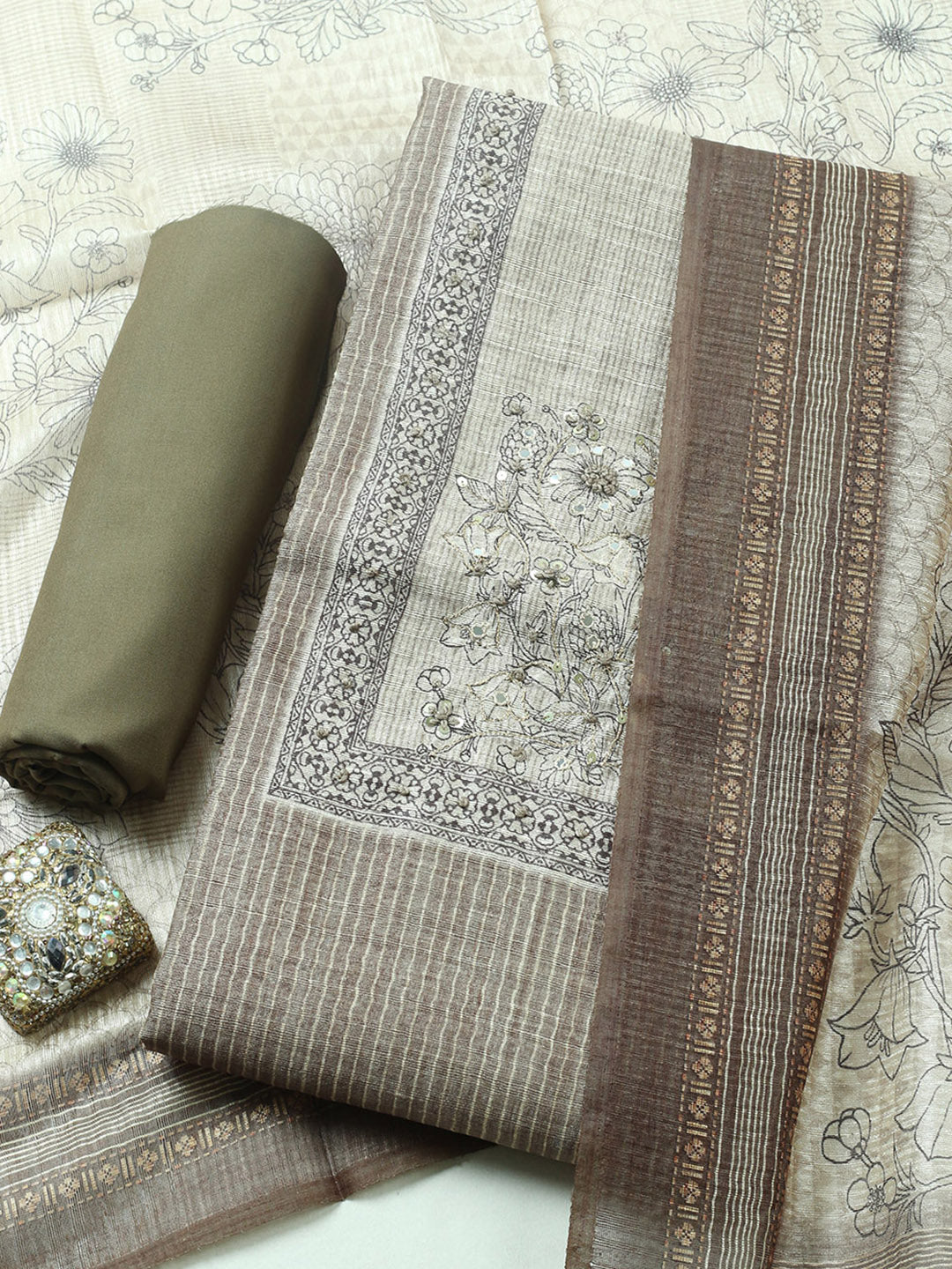 Embroidered Chanderi Unstitched Suit With Pant &amp; Dupatta