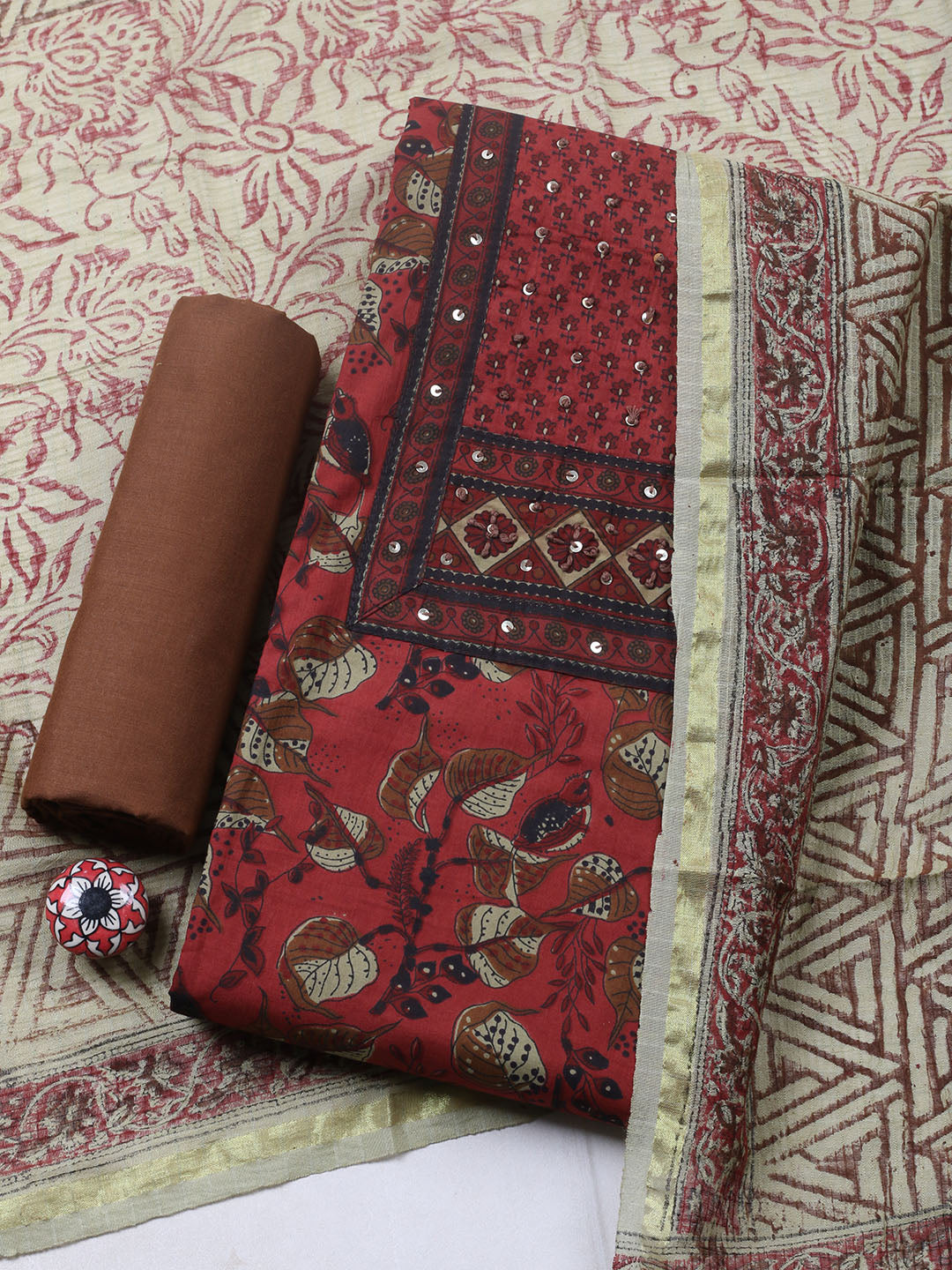 Printed Cotton Blend Unstitched Suit With Pant &amp; Dupatta