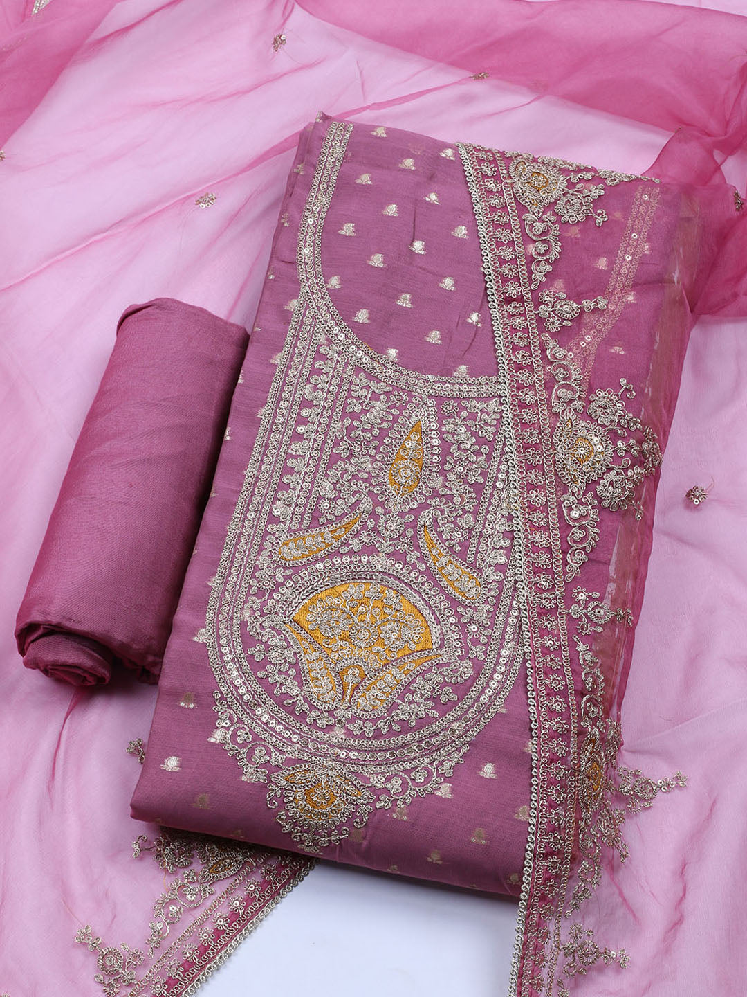Neck Embroidered Chanderi Unstitched Suit With Dupatta