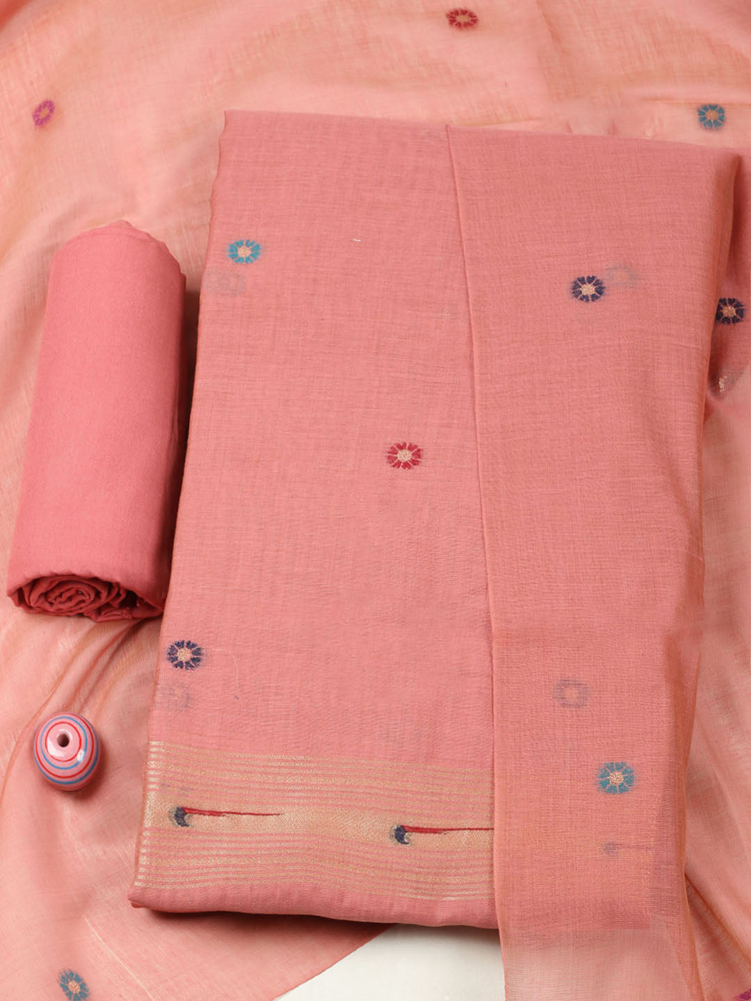 Embroidered Chanderi Unstitched Suit With Pant &amp; Dupatta