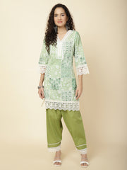 Printed & Panel Embroidery Cotton Kurta With Pants