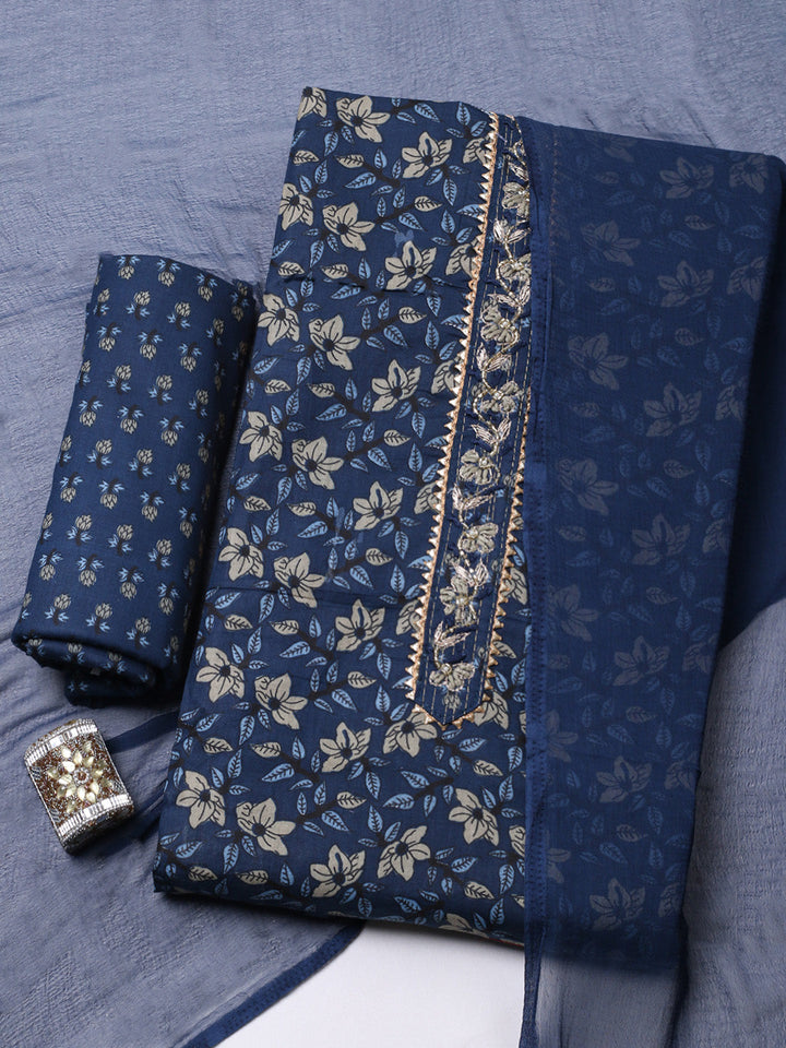 Printed Cotton Blend Unstitched Suit With Pant &amp; Dupatta