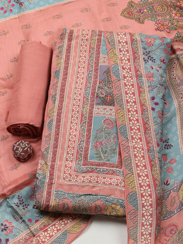 Embroidered Muslin Unstitched Suit With Pant &amp; Dupatta