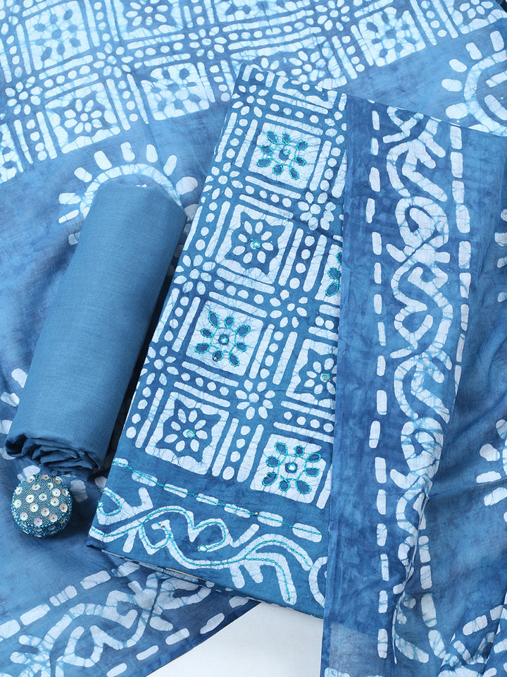 Embroidered Cotton Blend Unstitched Suit With Pant &amp; Dupatta