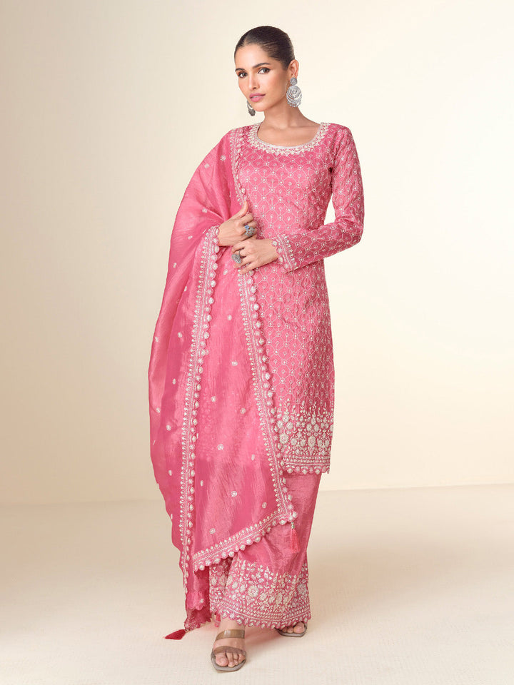 Embroidered Tissue Crush Kurta With Plazzo &amp; Dupatta