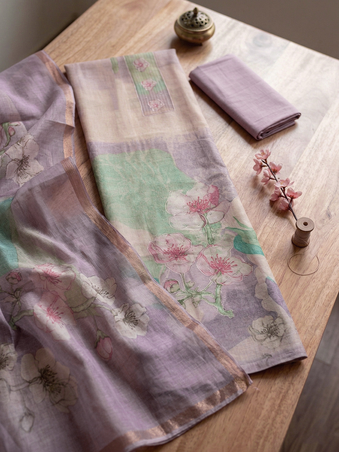 Embroidered Linen Blend Unstitched Suit With Pant &amp; Dupatta