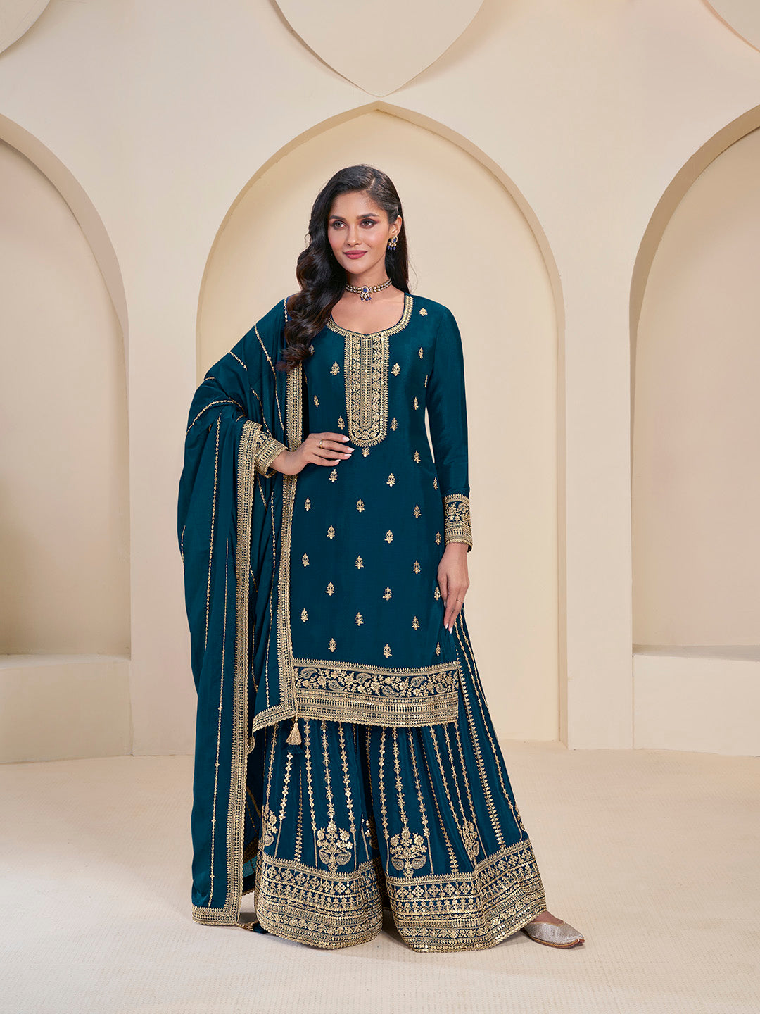 Embroidered Chinon Unstitched Suit With Pant &amp; Dupatta