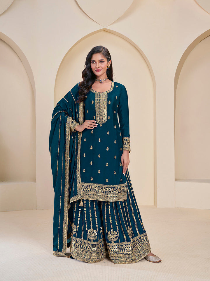 Embroidered Chinon Unstitched Suit With Pant &amp; Dupatta