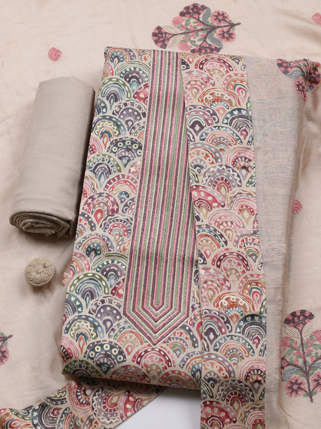 Embroidered Cotton Blend Unstitched Suit With Pant &amp; Dupatta