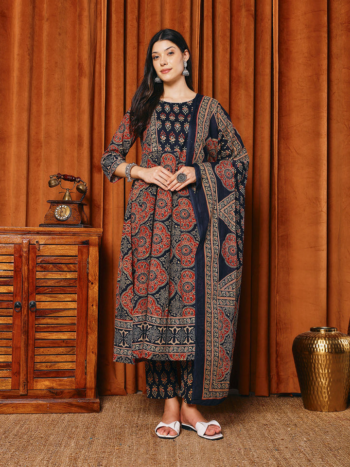 Printed Cotton Blend Kurta With Pants &amp; Dupatta