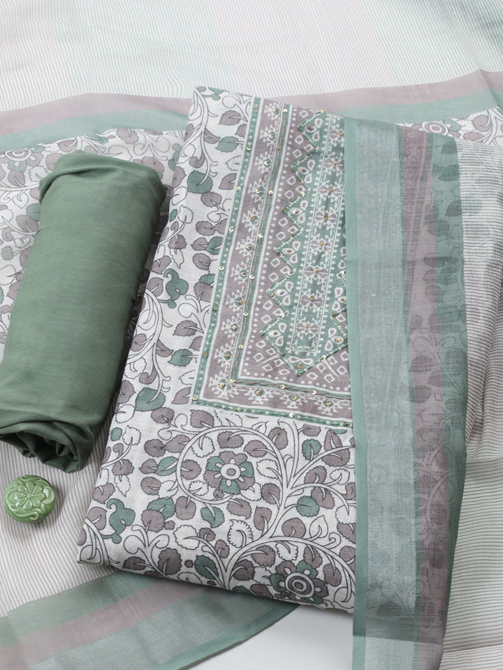 Printed Linen Blend Unstitched Suit With Pant &amp; Dupatta