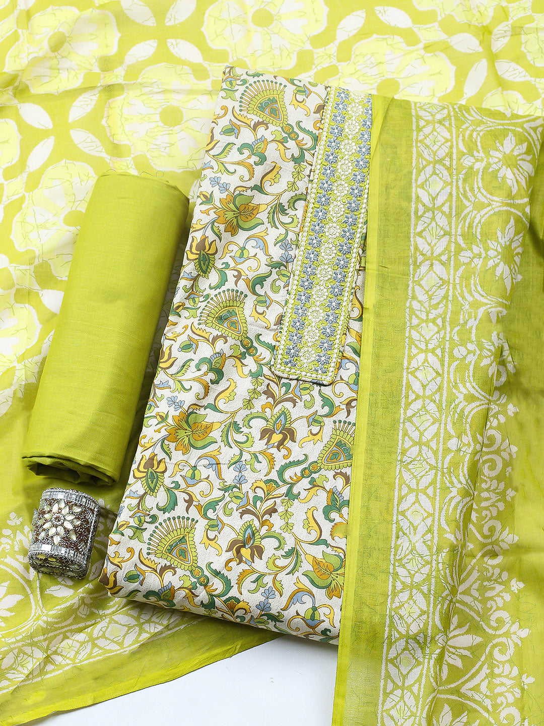 Printed Cotton Blend Unstitched Suit With Pant &amp; Dupatta