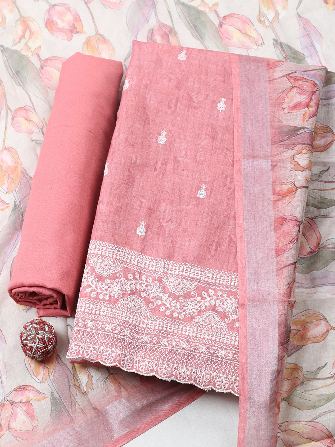 Embroidered Linen Blend Unstitched Suit With Pant &amp; Dupatta