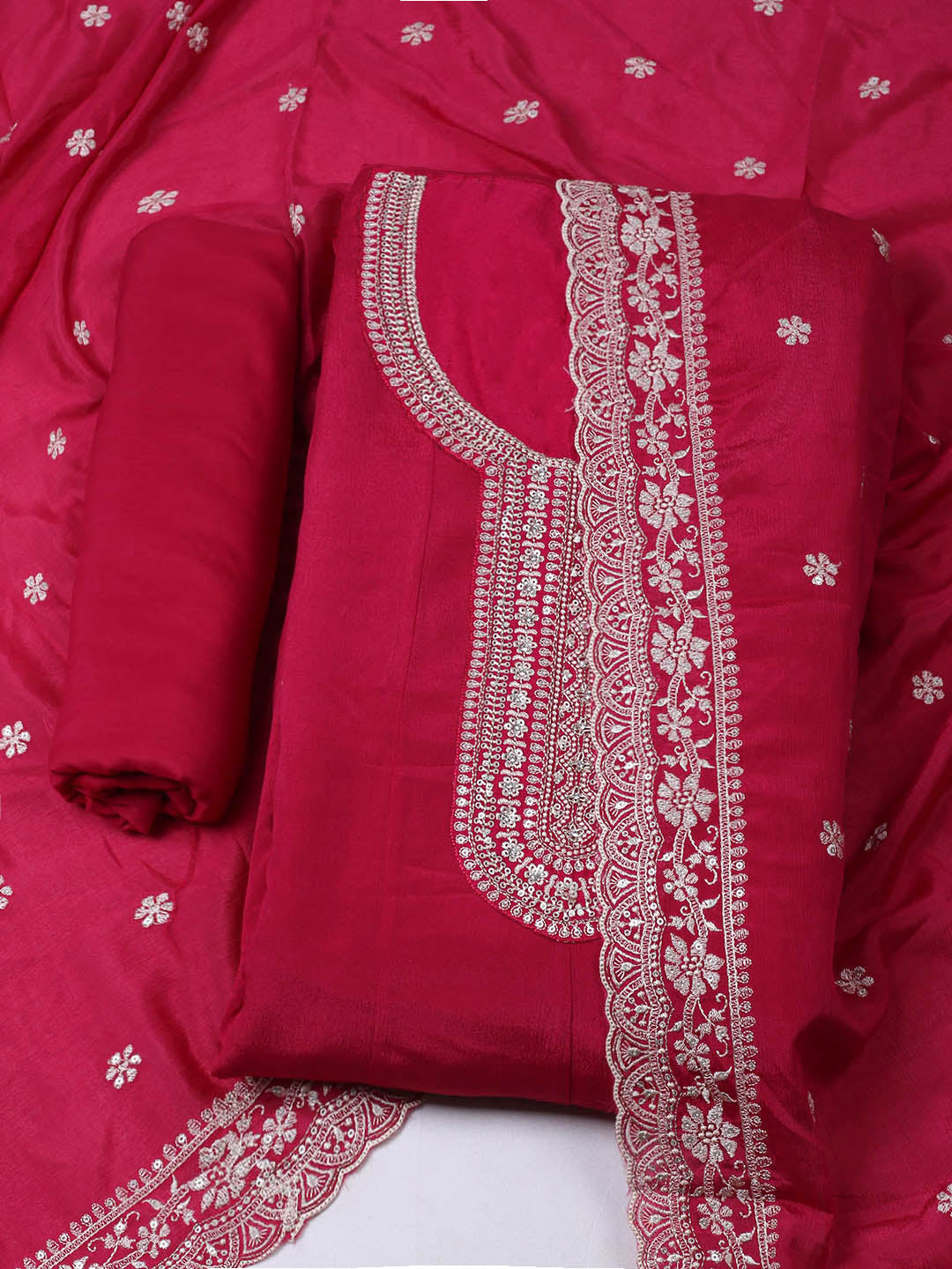 Embroidered Chinon Unstitched Suit With Pant &amp; Dupatta