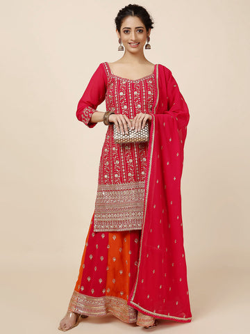 Zari Jaal Embroidery Georgette Kurta With Sharara & Dupatta