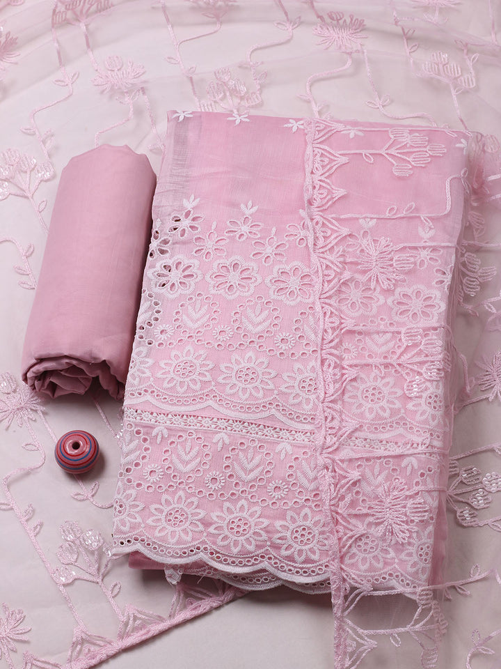 Embroidered Chanderi Unstitched Suit With Pant &amp; Dupatta