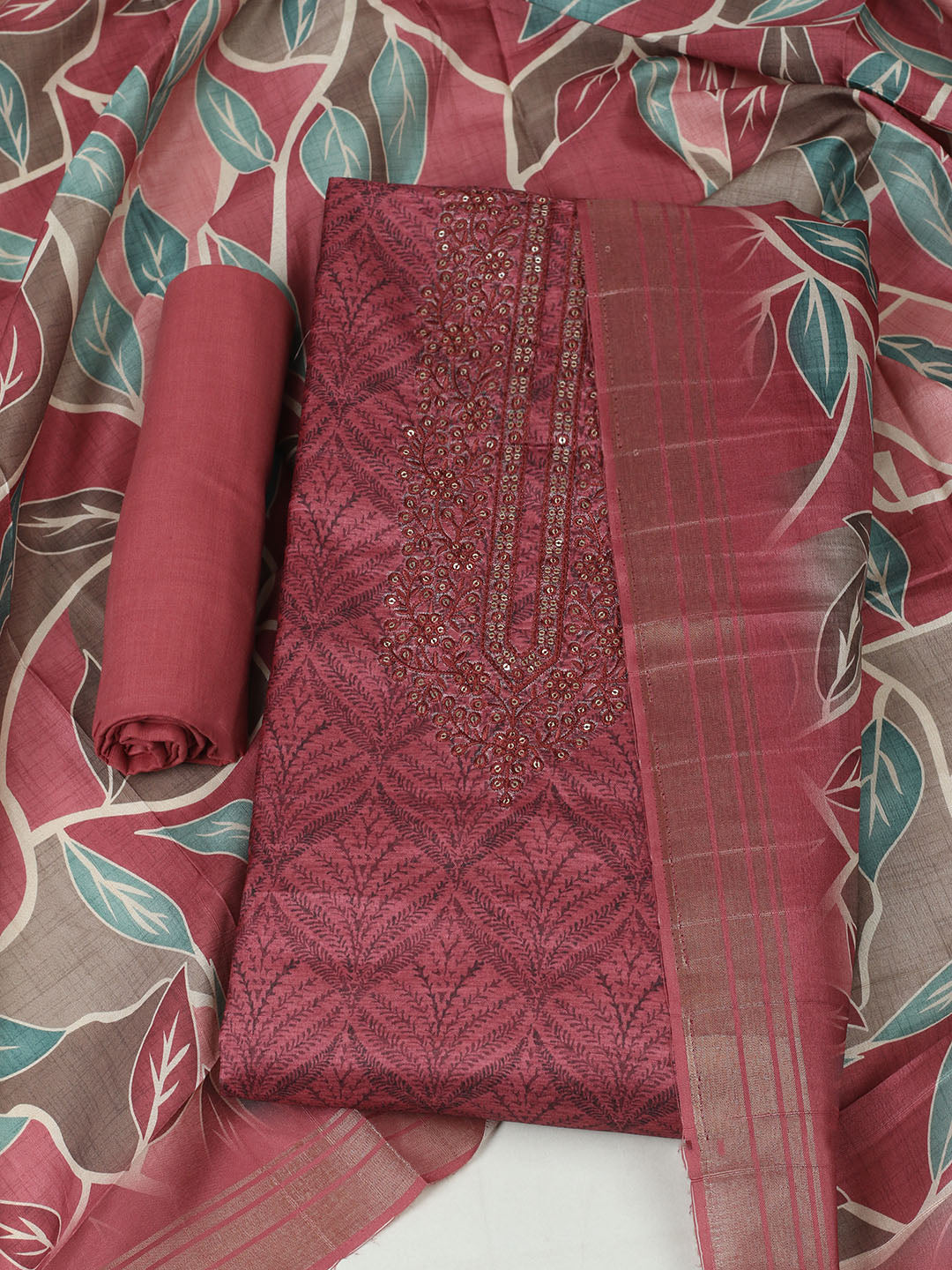 Embroidered Cotton Unstitched Suit With Pant &amp; Dupatta
