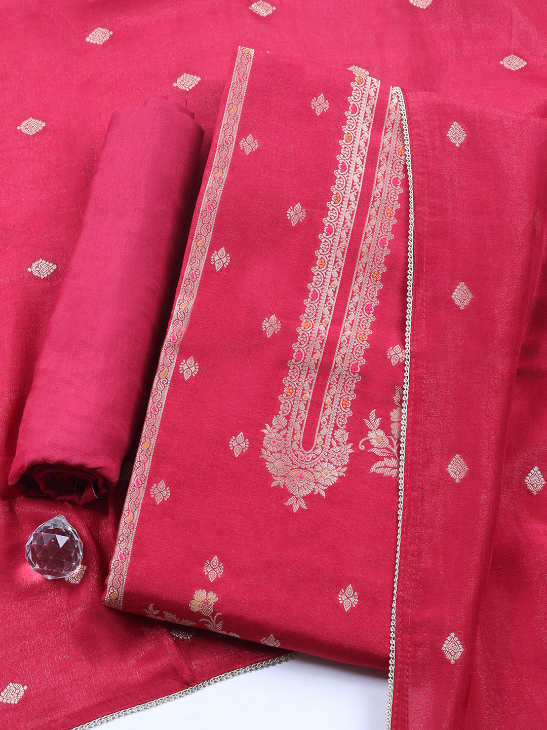 Woven Design Chanderi Unstitched Suit With Pant &amp; Dupatta