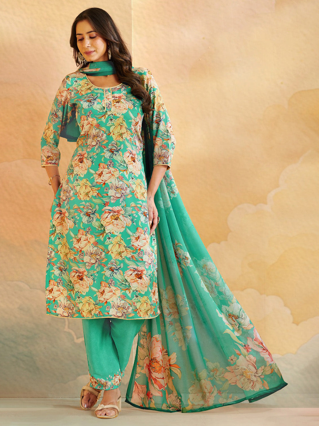 Printed Crepe Unstitched Suit With Pant &amp; Dupatta