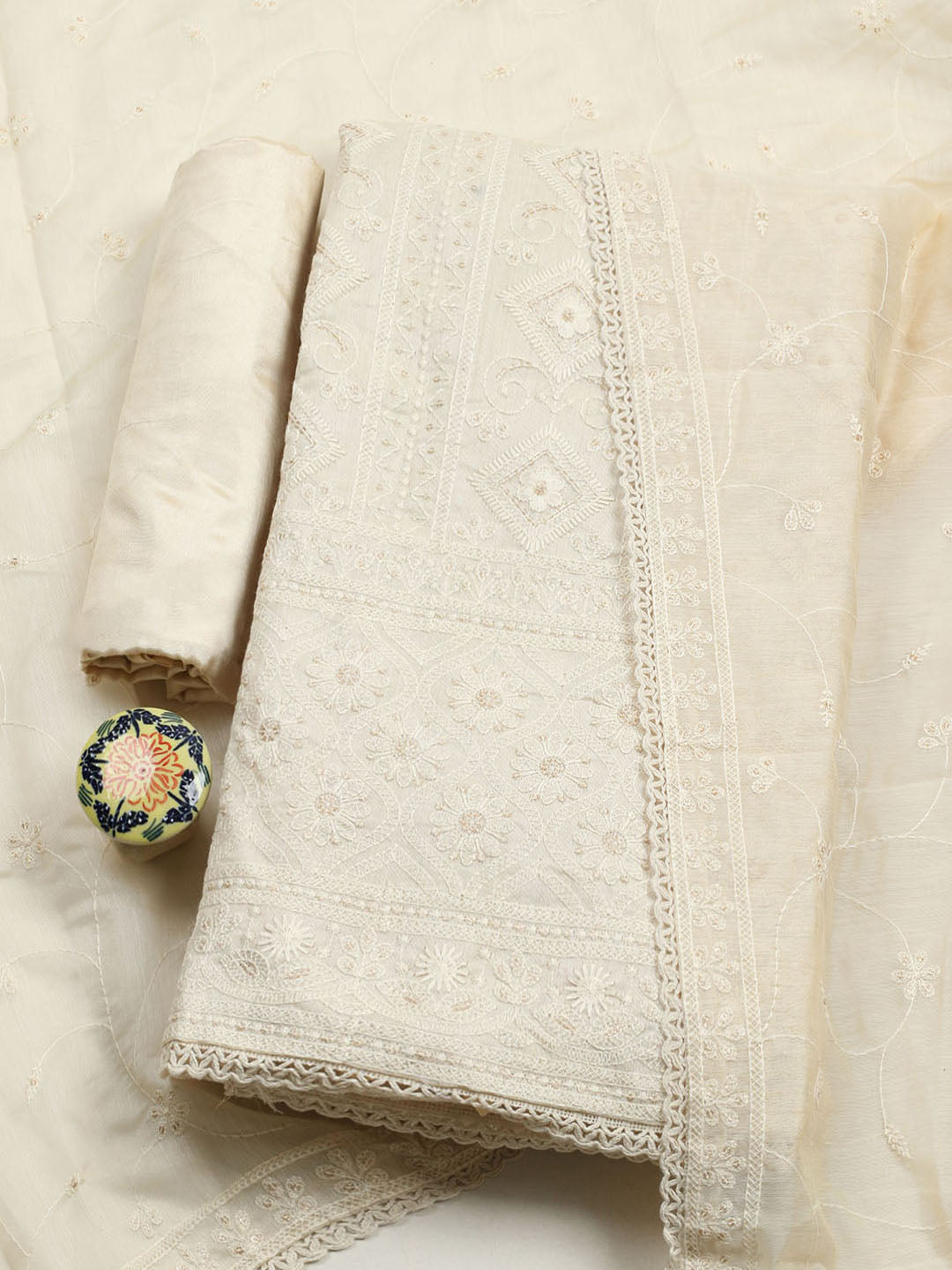 Embroidered Chanderi Unstitched Suit With Pant &amp; Dupatta