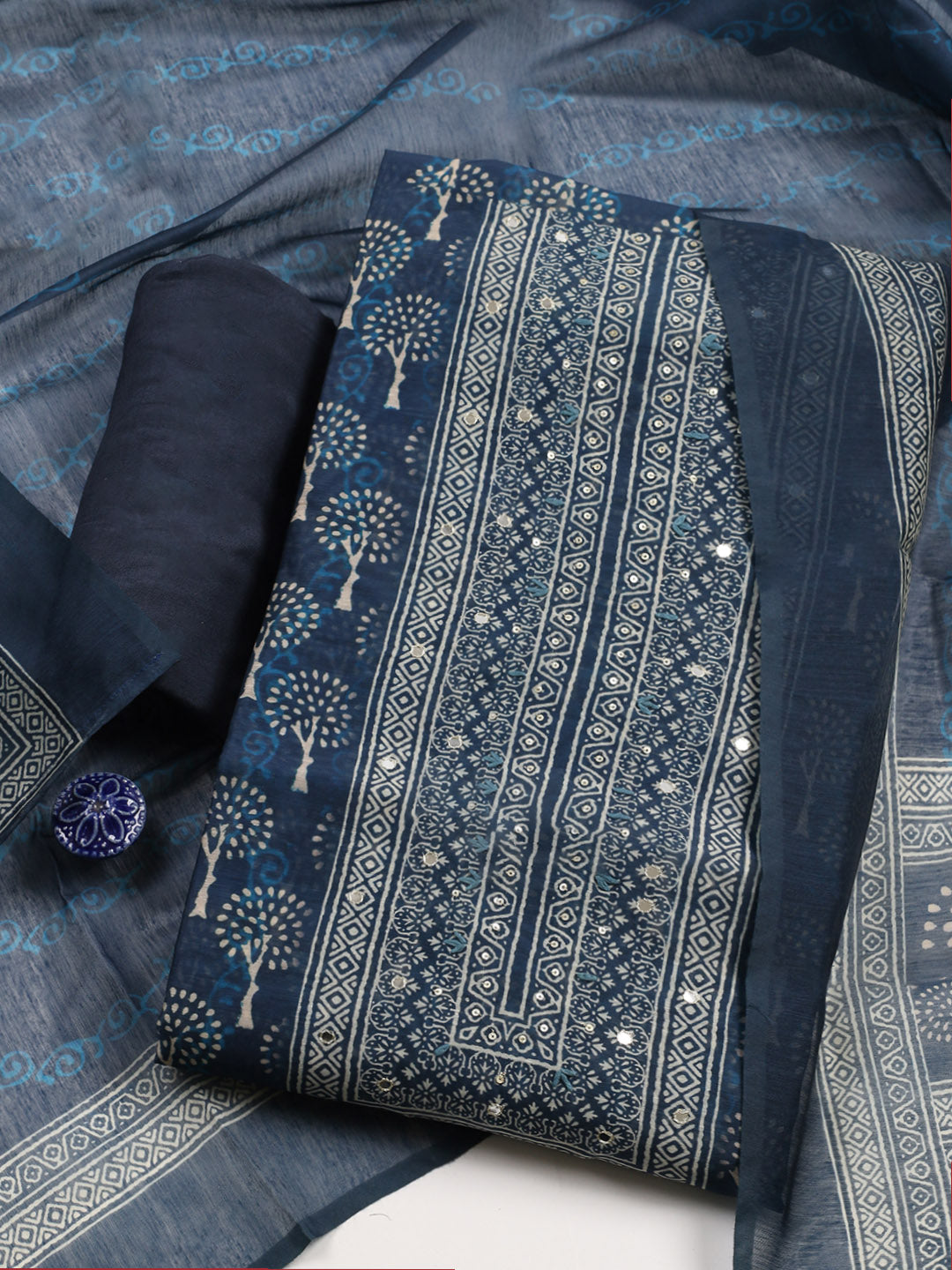 Embroidered Chanderi Unstitched Suit With Pant &amp; Dupatta