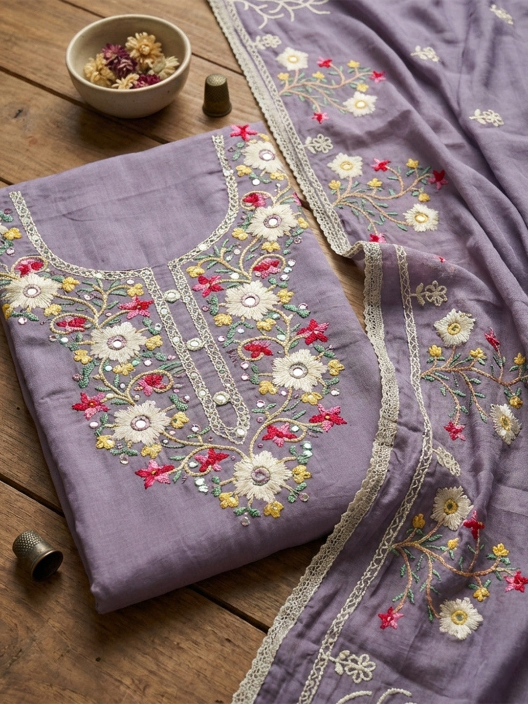 Embroidered Cotton Blend Unstitched Suit With Pant &amp; Dupatta