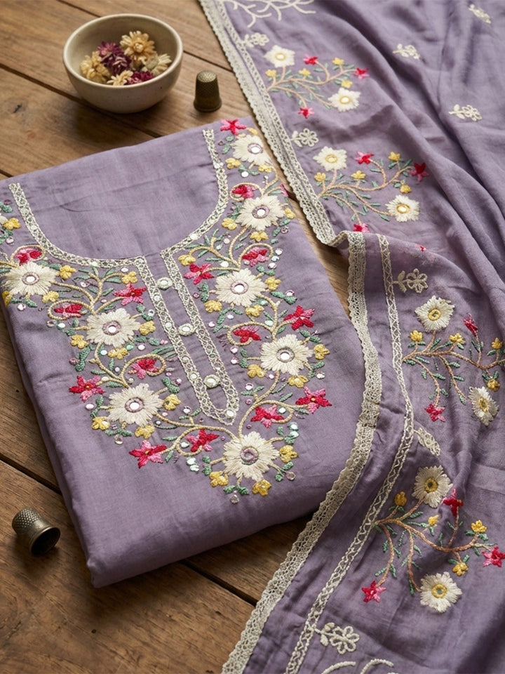 Embroidered Cotton Blend Unstitched Suit With Pant &amp; Dupatta