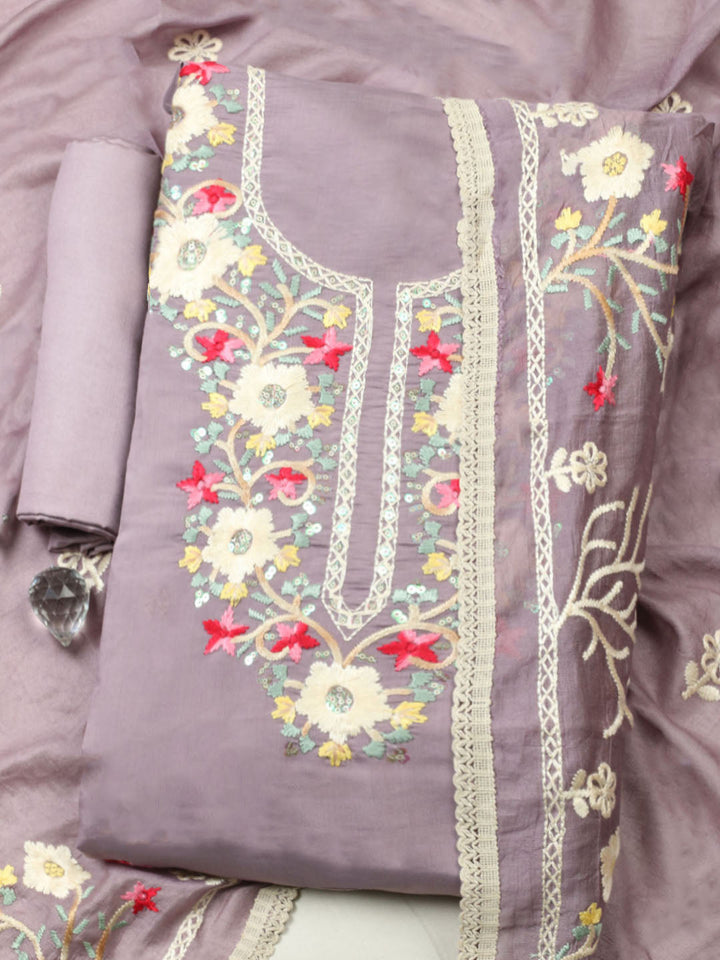 Embroidered Chanderi Unstitched Suit With Pant &amp; Dupatta