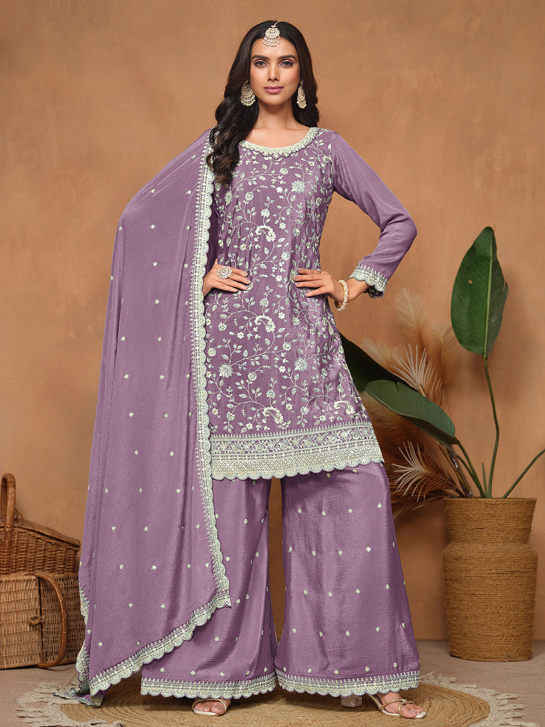 Embroidered Chinnon Semi Stitched Kurta With Plazzo &amp; Dupatta