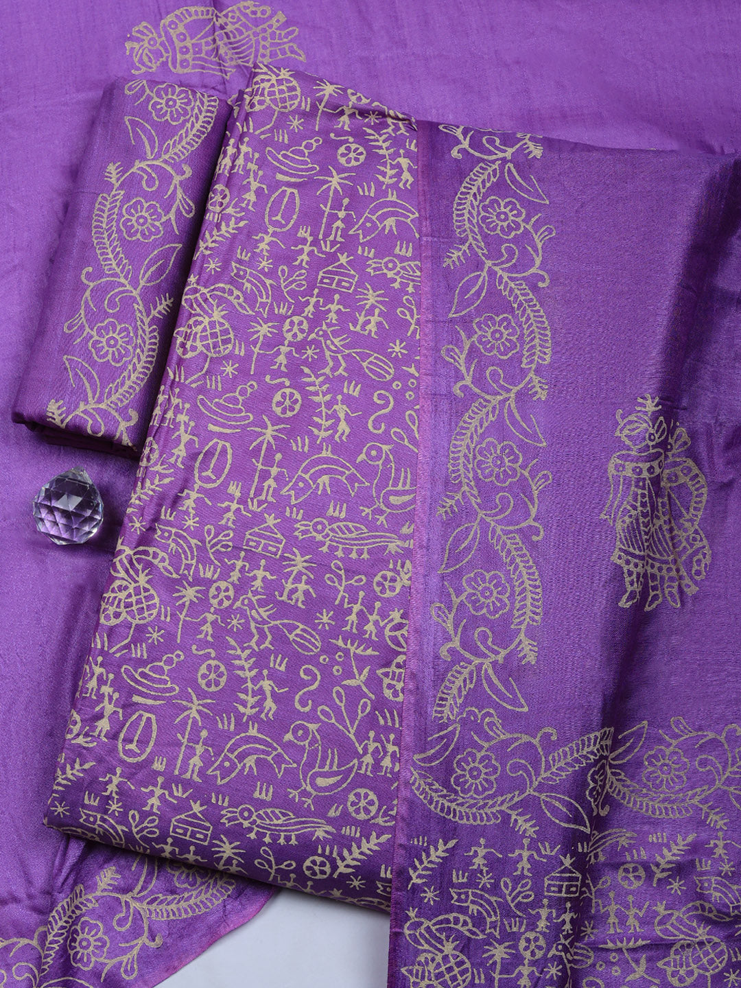 Printed Art Silk Unstitched Suit With Pant &amp; Dupatta