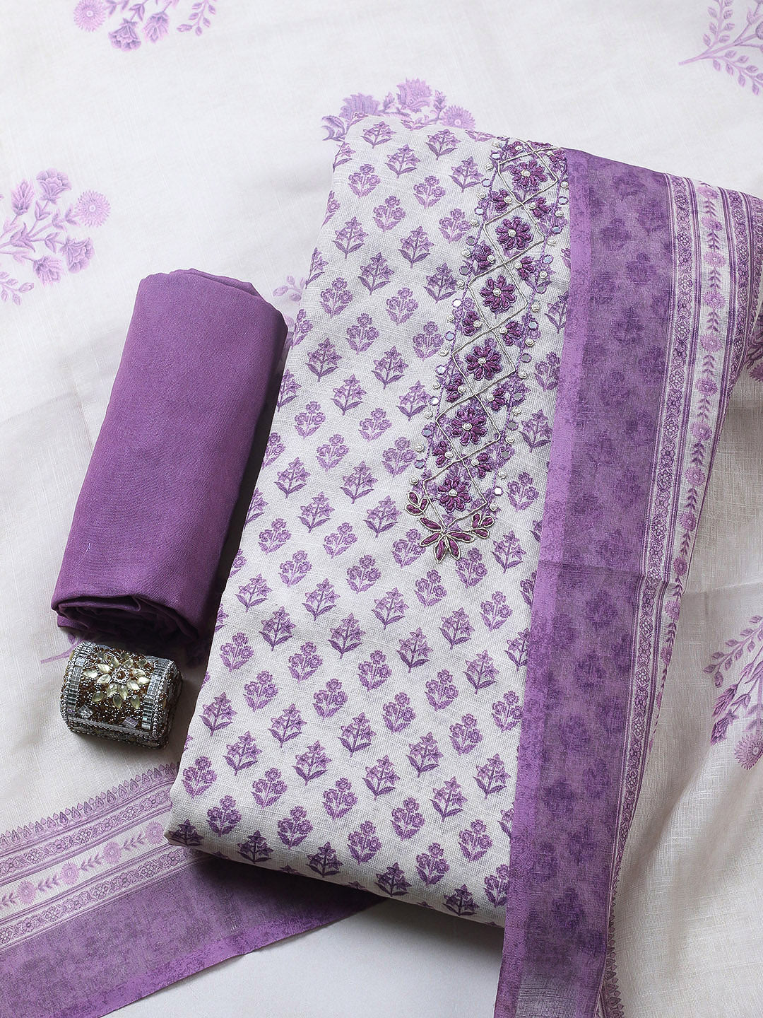 Embroidered Cotton Blend Unstitched Suit With Pant &amp; Dupatta