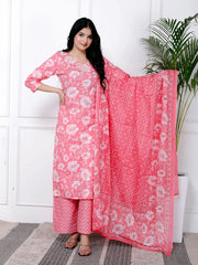 Printed Cotton Blend Kurta With Pants & Dupatta