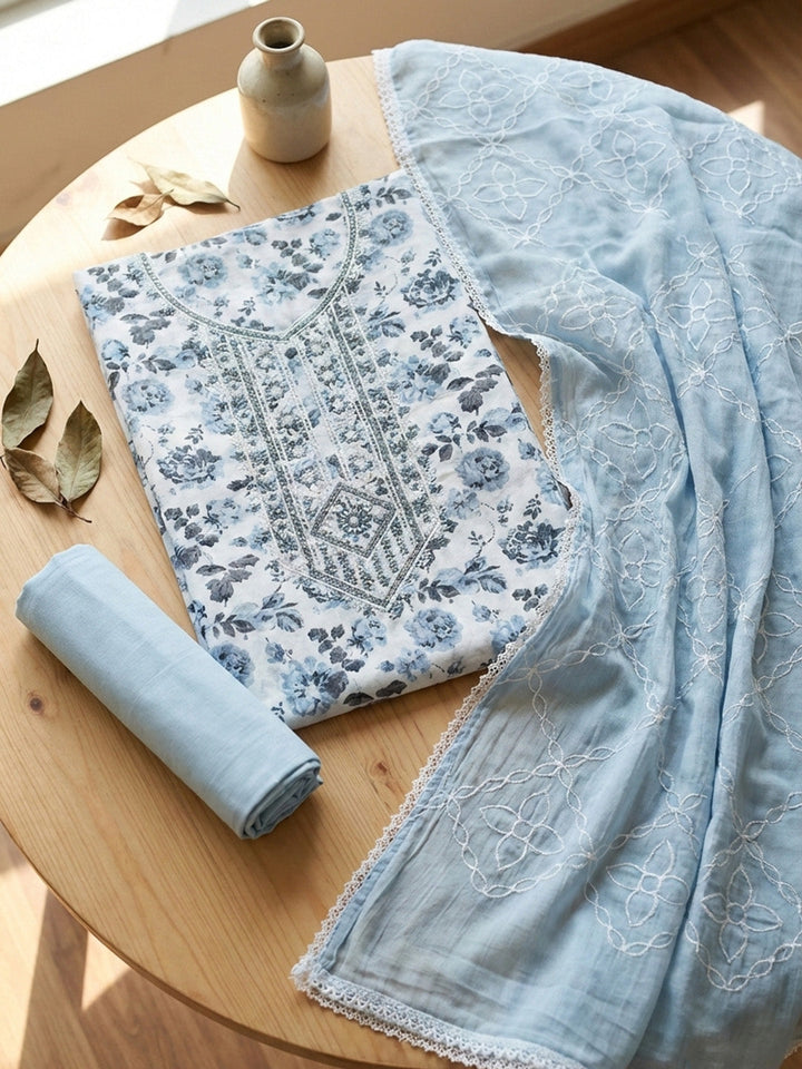 Printed Cotton Blend Unstitched Suit With Pant &amp; Dupatta