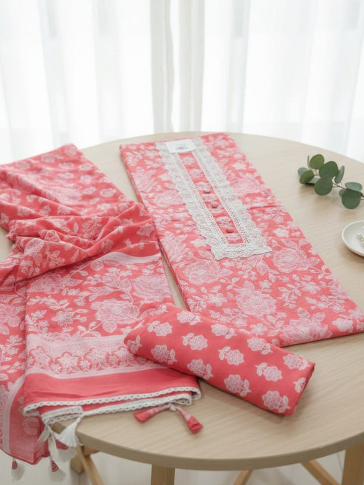 Printed Cotton Blend Unstitched Suit With Pant &amp; Dupatta