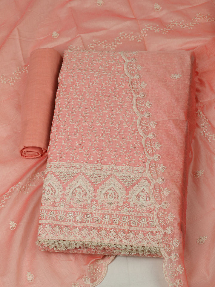 Embroidered Chanderi Unstitched Suit With Pant &amp; Dupatta