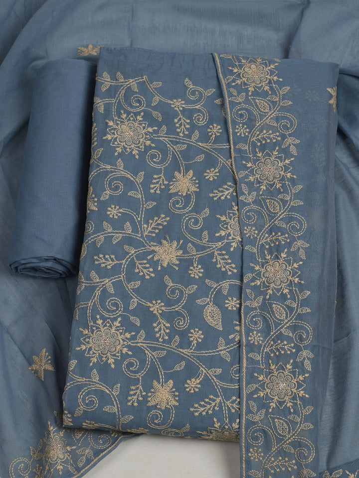 Embroidered Chanderi Unstitched Suits Casual Suit With Pant &amp; Dupatta