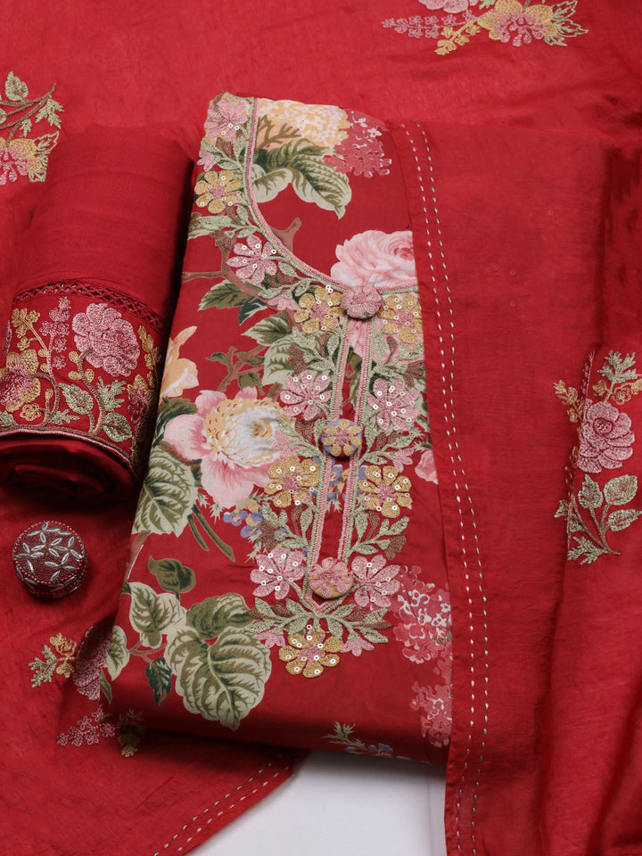 Embroidered Muslin Unstitched Suit With Pant &amp; Dupatta