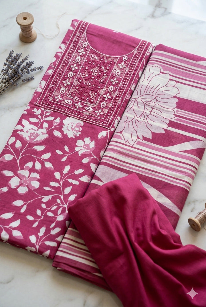 Embroidered Cotton Blend Unstitched Suit With Pant &amp; Dupatta