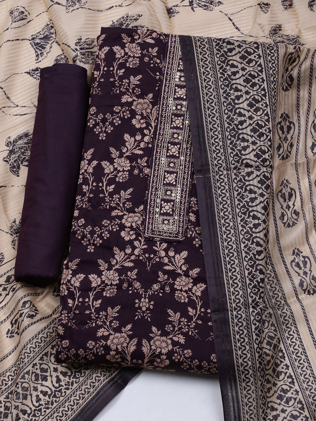 Printed Cotton Blend Unstitched Suit With Dupatta