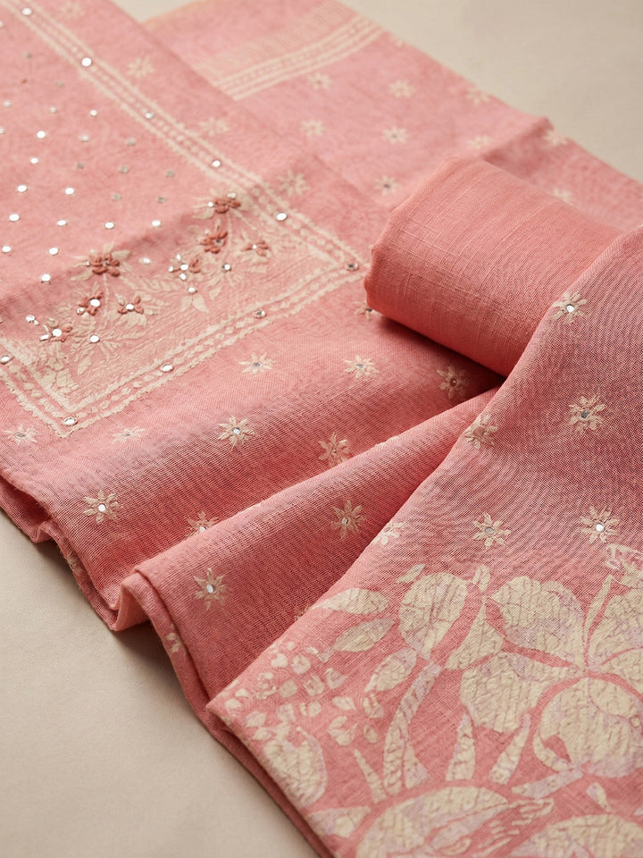 Printed Chanderi Unstitched Suit With Pant &amp; Dupatta