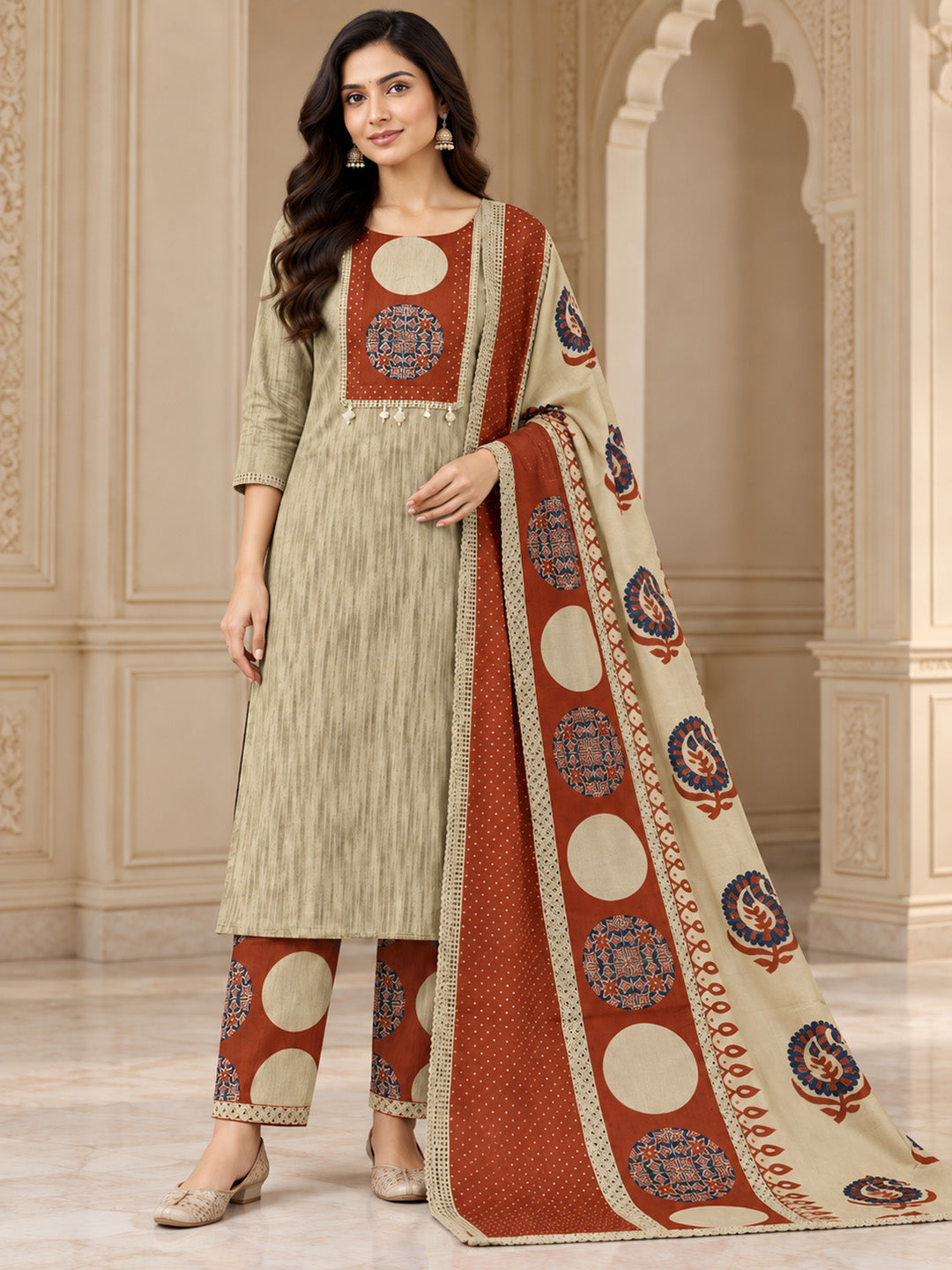 Beige Cotton Blend Embroidered Unstitched Dress Material