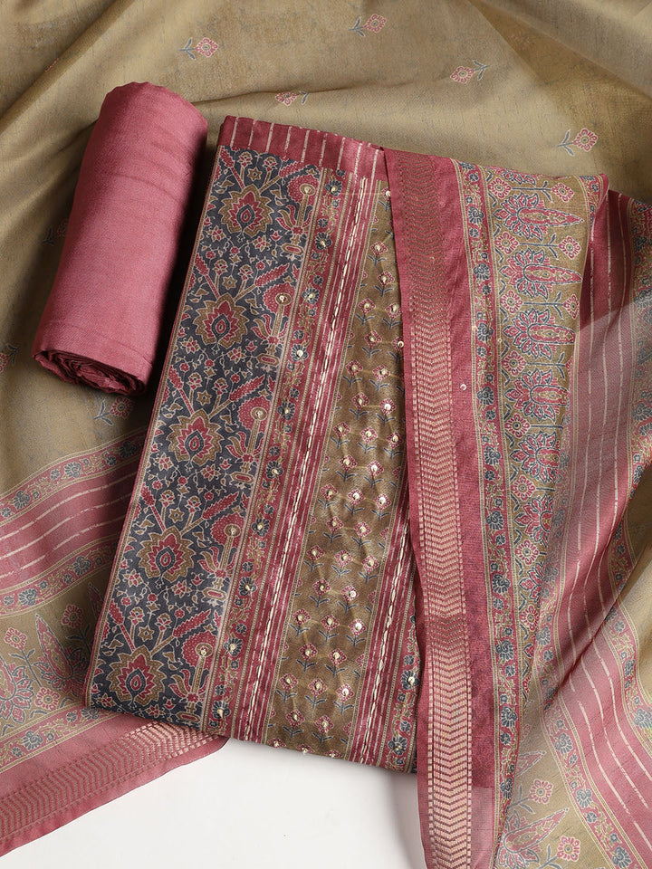 Neck Embroidered Chanderi Unstitched Suit With Dupatta