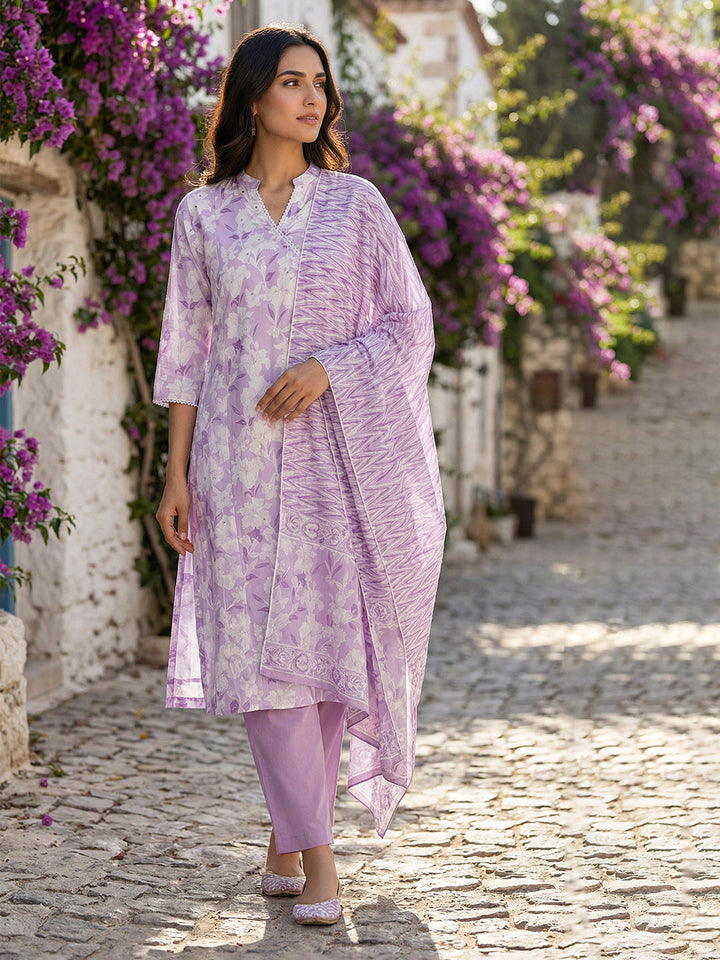 Printed Cotton Kurta With Pant &amp; Dupatta