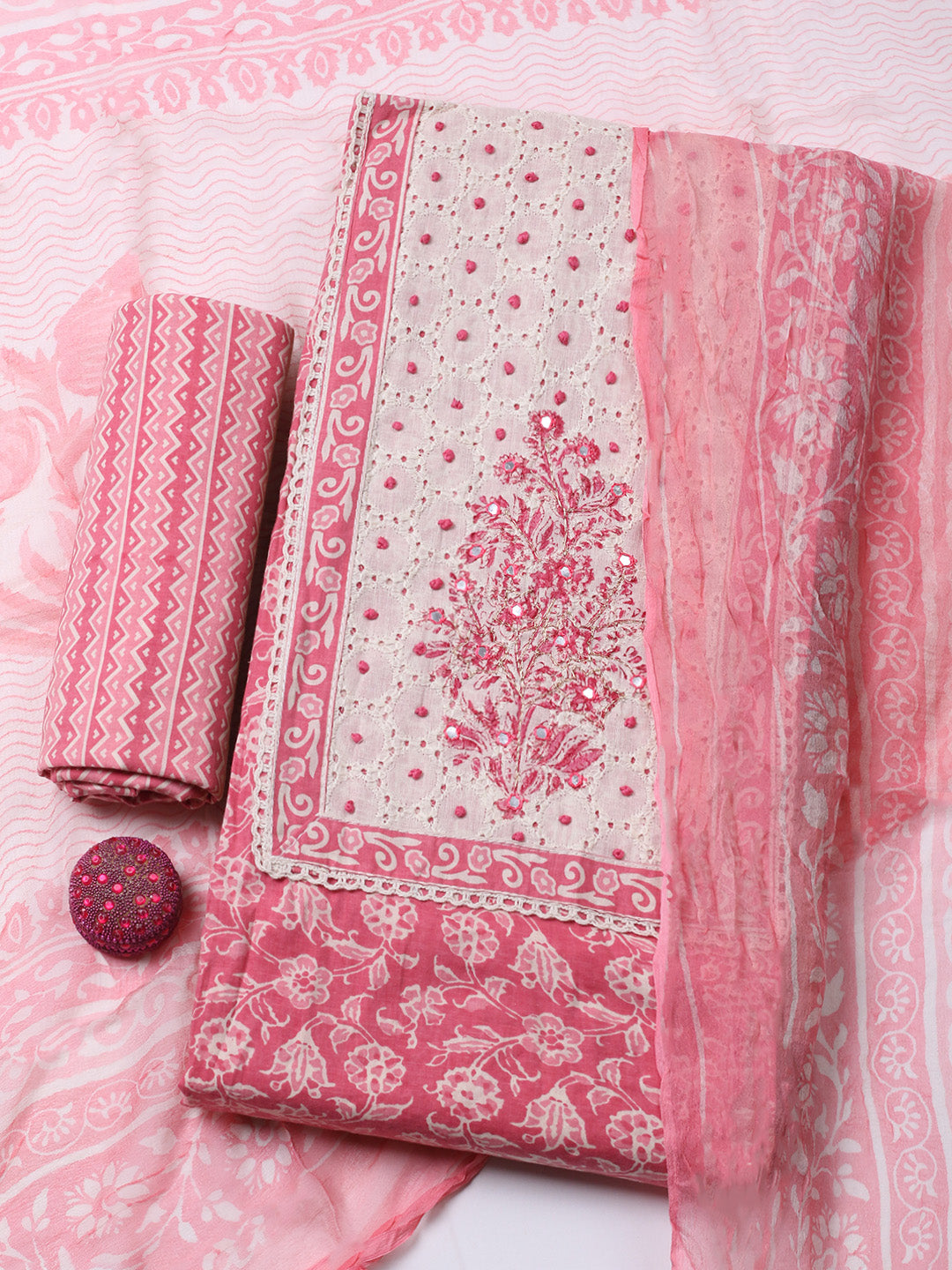 Embroidered Cotton Blend Unstitched Suit With Pant &amp; Dupatta
