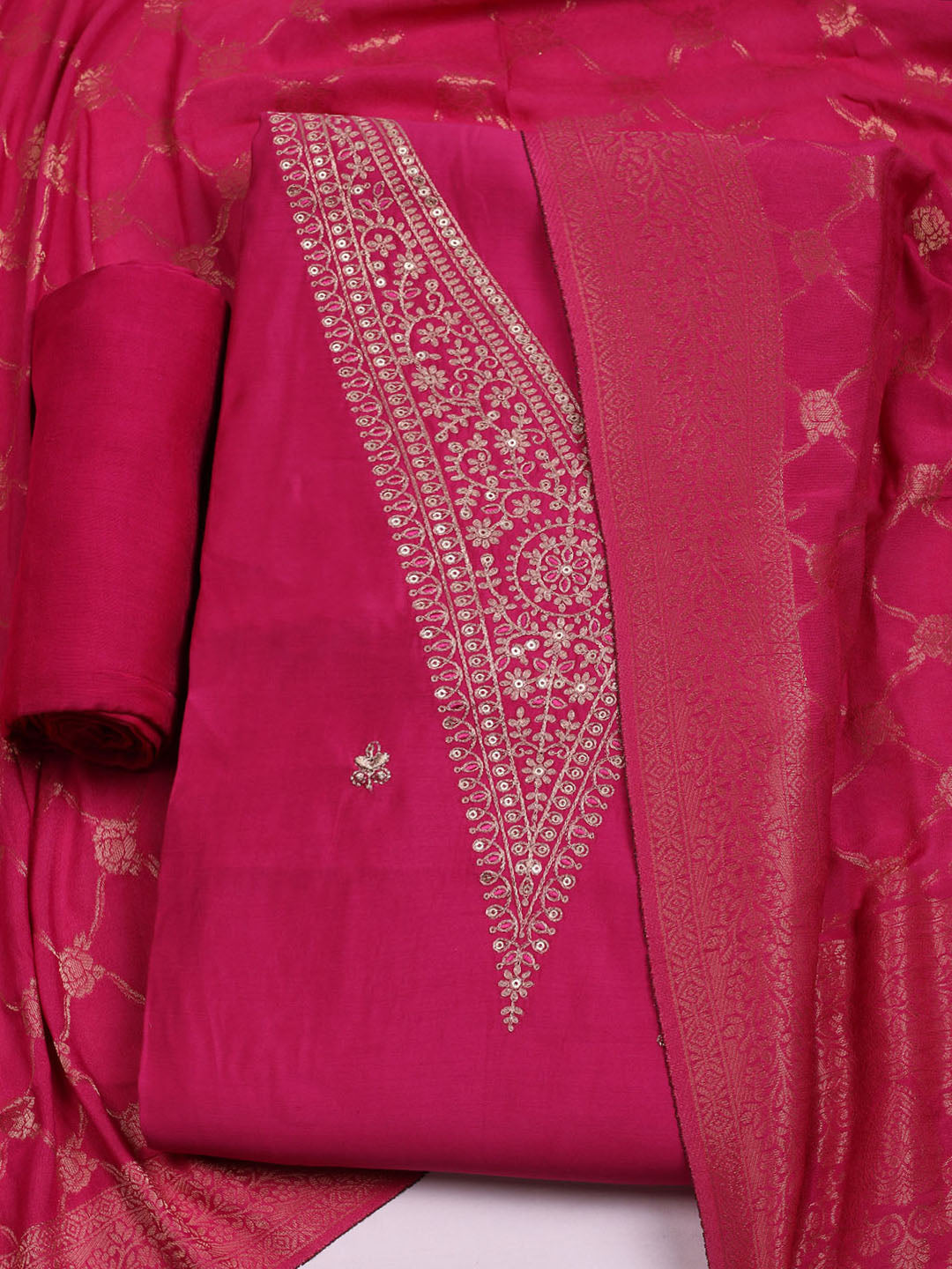 Embroidered Chanderi Unstitched Suit With Dupatta